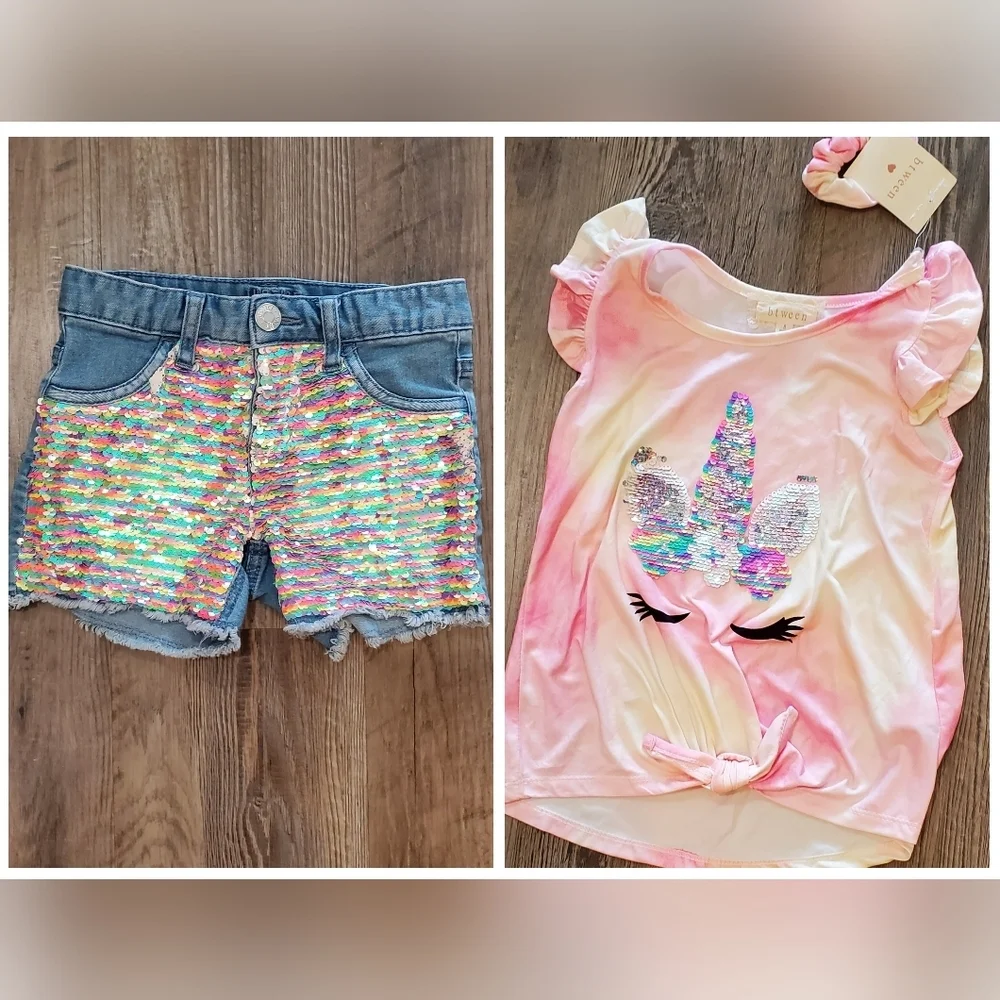 Justice/btween Unicorn Flip Sequins Shorts & T-Shirt Matching Set Size 8